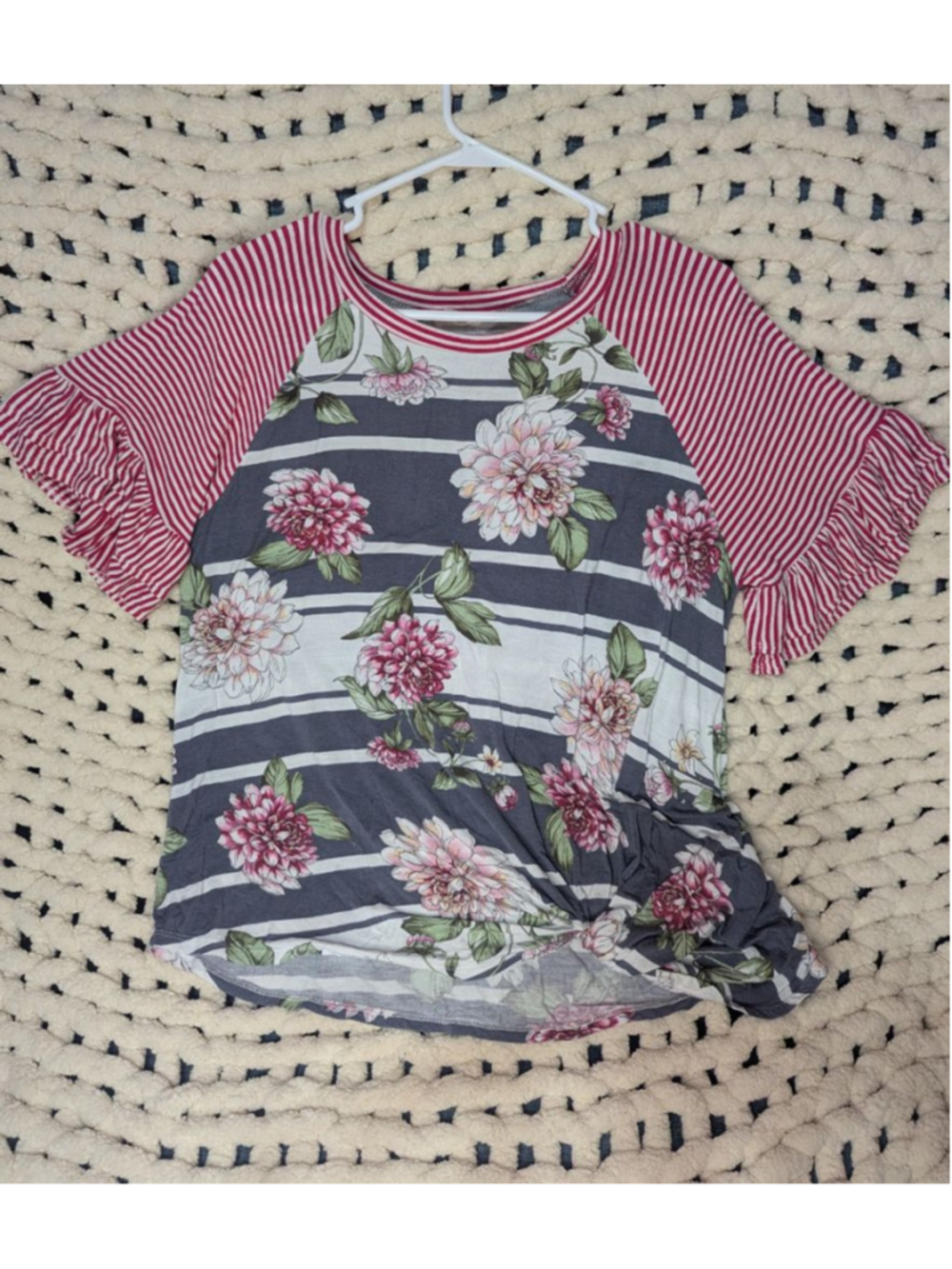 e. Luna Floral Striped Ruffle Sleeve Knot Front Top Women's Size XL Pink Gray